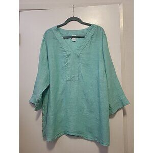 Sigrid Olsen 100% Linen Blouse 3/4 Sleeves V-Neck Turquoise 2X Beach Coastal